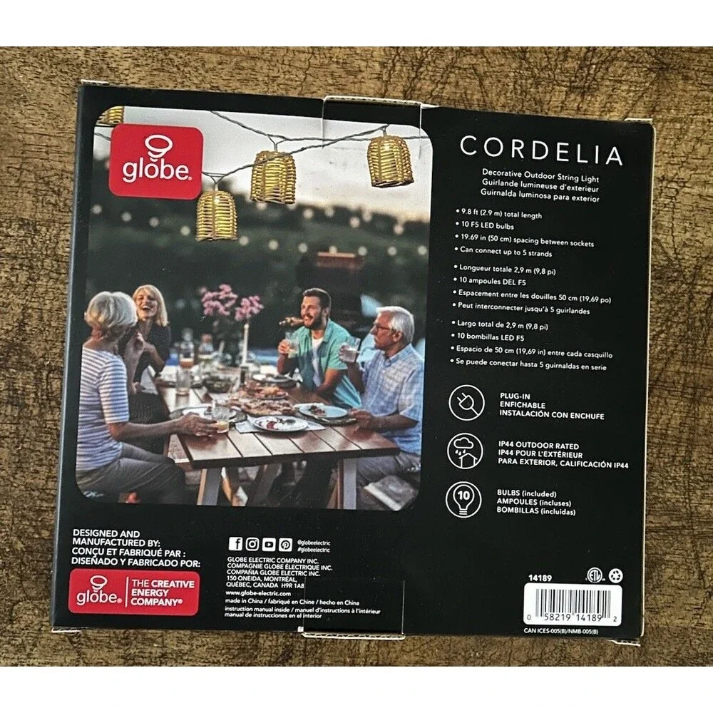Globe Cordelia Outdoor string Lights 9.8 Ft 10 Lights Ratan Look Basket Corded